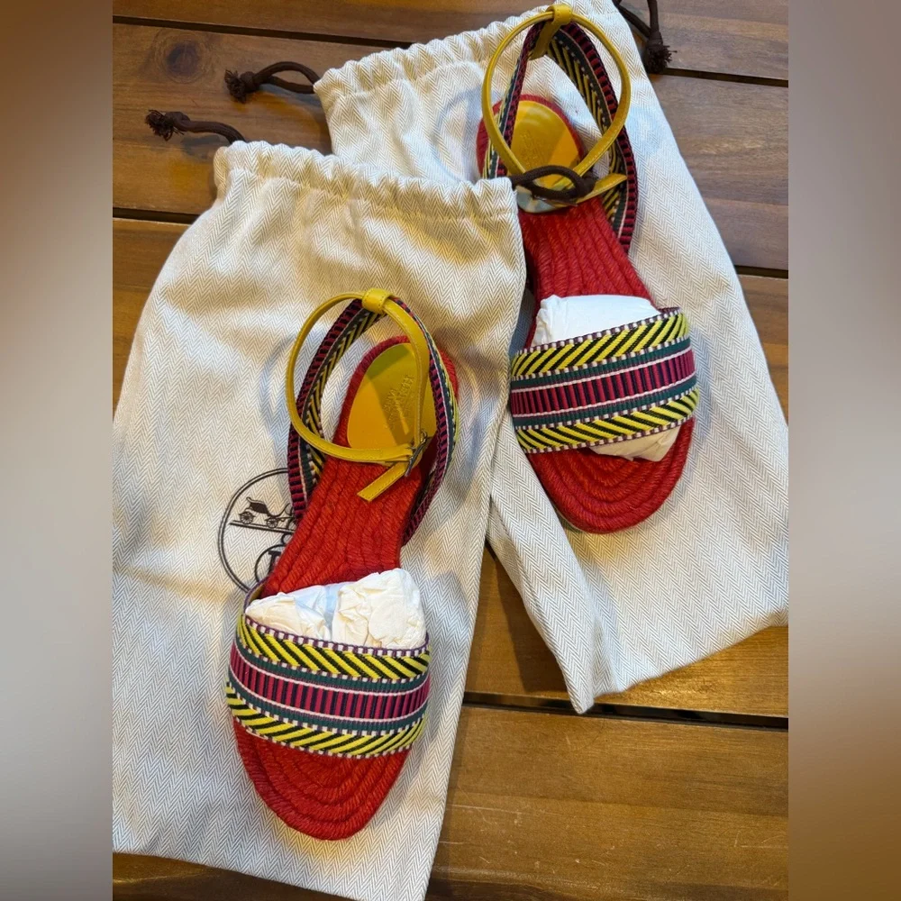 Hermes Red and Yellow Espadrilles NWOT Size EU 35 - Picture 1 of 7